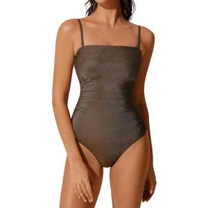 RXRXCOCO Women Tummy Control One Piece Swimsuits Ruched Strapless Bathing Suits Slimming Swimwear (Medium, Shimmer Coffee)