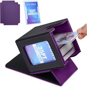 UAONO Card Deck Box with MTG Commander Display, Deck Case Holds 100+ Double-Sleeved Cards, Trading Card Storage Box Fits TCG/PTCG/Sports Card with 2 Dividers, 1 Top Loaders (Black, Purple)