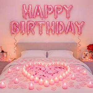 Pink Happy Birthday Balloons Decorations Happy Birthday Letter Balloons Banner Set with 24pcs Round Flameless LED Candles and 2000pcs Artificial Rose Petals for Women Men Room Party Decor