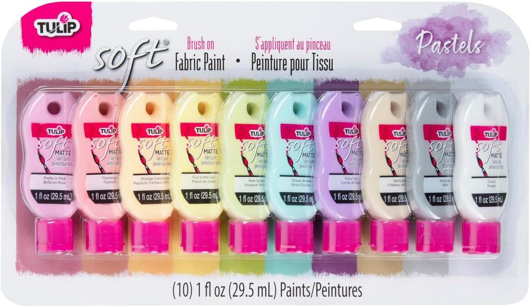 Tulip Soft Fabric Paint, Permanent Fabric Paint for Clothes, Pastel Colors, 10 Pack of 1 fl oz bottles, Matte Finish Stays Flexible after Washing