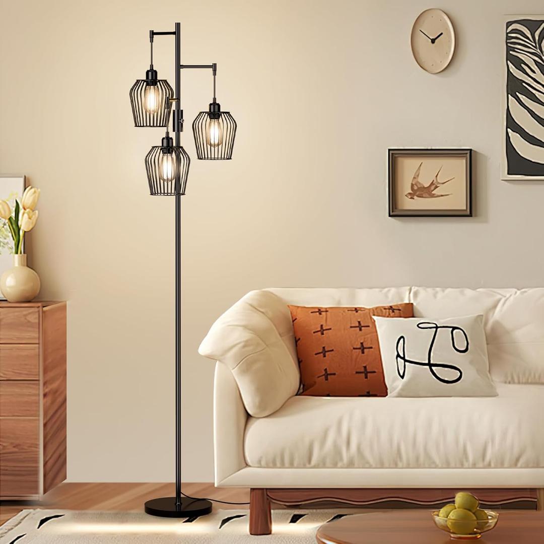 Dimmable Floor Lamp, Farmhouse Industrial Floor Lamp with Elegant Cage & 3 x 1000LM LED Bulbs, Tall Standing Lamp Black Tree Floor Lamps for Living Room Bedroom Office