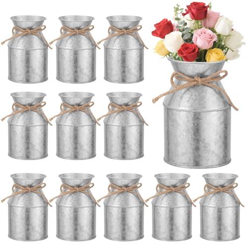 11 Pcs Farmhouse Metal Flower Vase Decor, 5.3 Inch Galvanized Milk Can Jug Vase with Twine Bow Rustic Flower Buckets for Centerpieces Floral Display Table Home Wedding Festival DIY Decorations