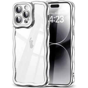 2 x SKYLMW Compatible with iPhone 14 Pro Case, Kawaii Cute Curly Wave Frame Luxury Plating Edge, Stylish Glossy Clear Back, Soft TPU Shockproof Protective Cases for iPhone 14 Pro, Sliver