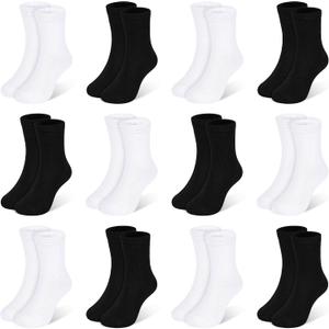 Kids Socks 12 Pairs Crew Socks for Toddler Boys Girls 7-10 Years Athletic Mid Cut Socks Multipack Black White