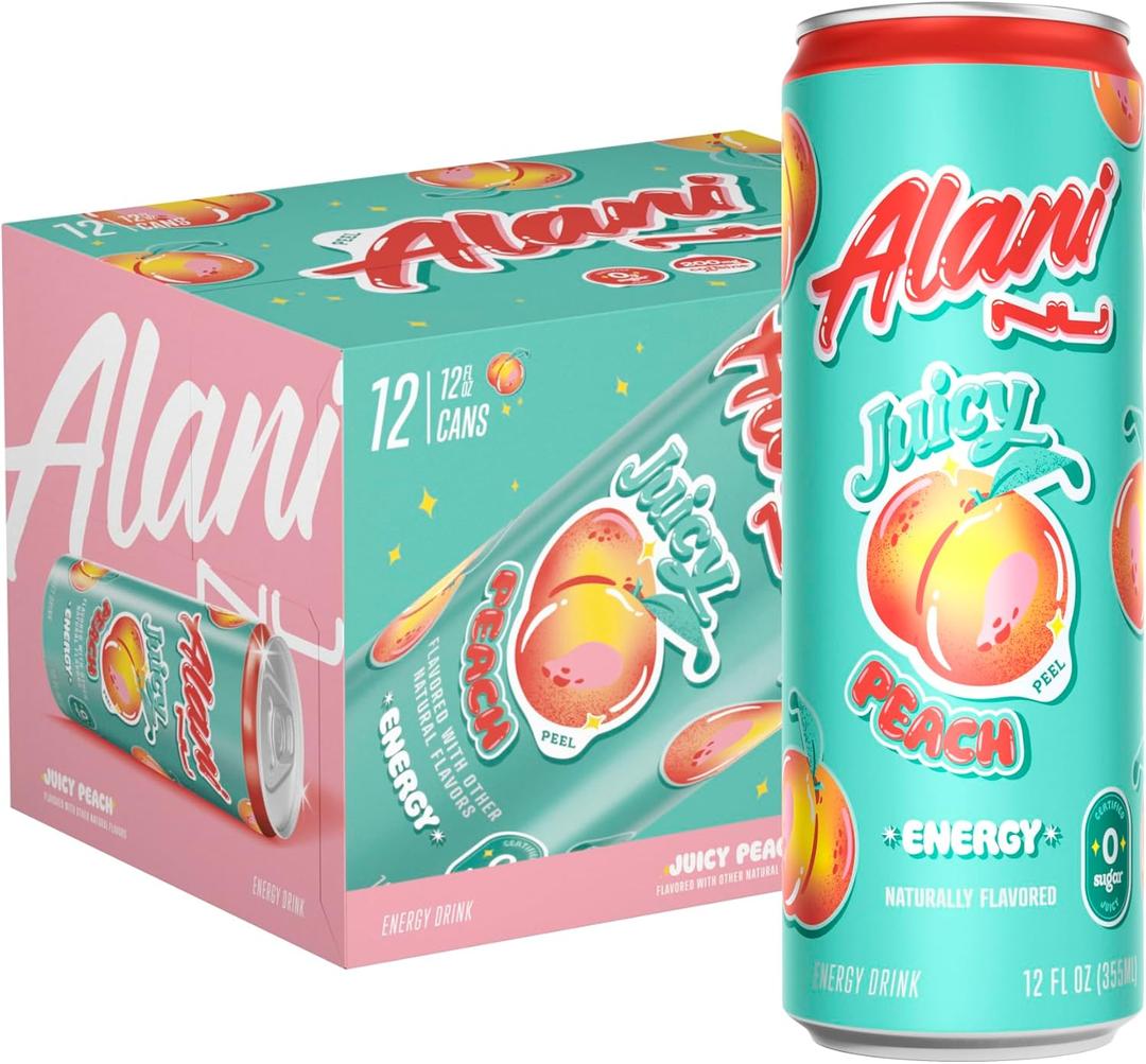 Alani Nu JUICY PEACH, Sugar Free, Low Calorie Energy Drinks, 200mg Caffeine, Biotin, B Vitamins, Zero Sugar, 10 Calories, 12 Fl Oz Cans, 12 Pack, BB Date: 04/27