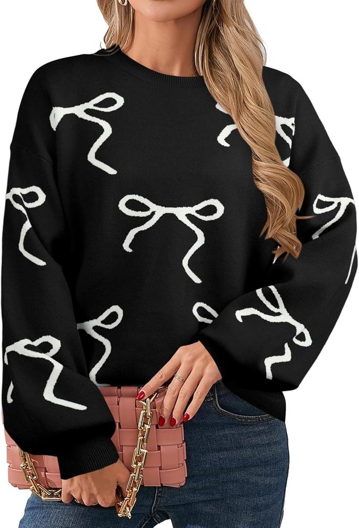 UNIQUEONE Oversized Bow Sweater Y2K Crew Neck Drop Shoulder Long Sleeve Knit Pullover Tops Fall Outfits Trendy (X-Large, Black)
