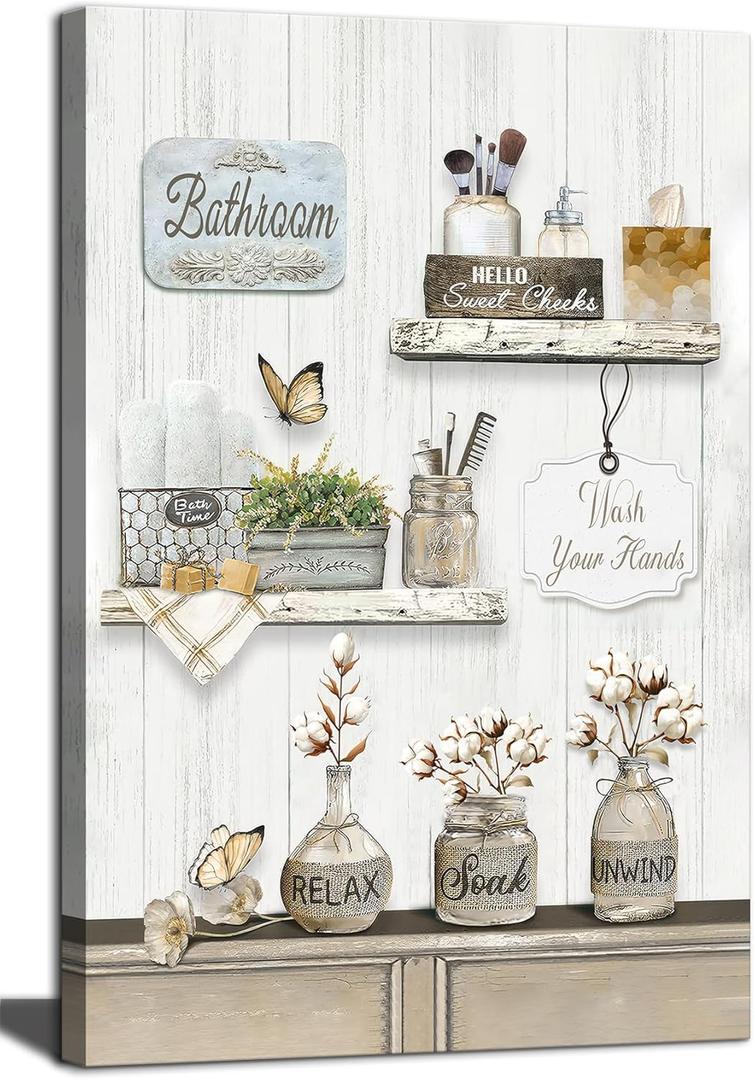 Farmhouse Bathroom Wall Art Rustic Cotton Flower Bathroom Canvas Wall Decor Vintage Relax Soak Unwind Sign Painting Country Flower Bath Canvas Prints Artwork for Washroom Home Decor 12x16 Inch