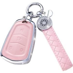 RUABIBAN for Cadillac Key Fob Cover with Keychain, Pink Genuine Leather Crystal Key Case Protection Shell Compatible with Cadillac Escalade CTS SRX XT5 ATS STS CT6 5-Buttons Remote Start