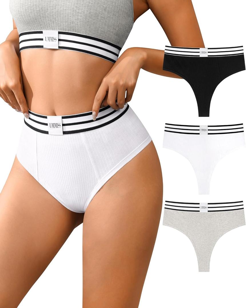 UMMISS High Waisted Underwear for Women Cotton Bikini Hipster Panties Soft Stretch Sport Threaded Ladies Cheeky Panties 3 Pack X-Large