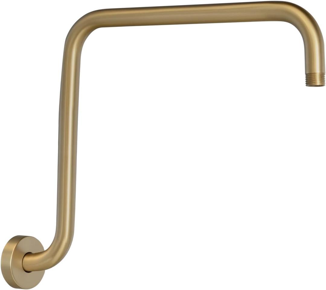 PHASAT S Shaped Shower Arm, High Rise Shower Arm with Flange, Brushed Gold (Round)