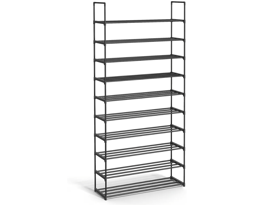 SONGMICS Shoe Rack, 10-Tier Shoe Organizer, Metal Storage Shelf, Upright or Upside Down, for 44-55 Pairs, for Entryway, 11.8 x 36.2 x 68.1 Inches, Black 