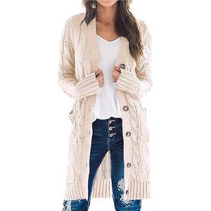 PRETTYGARDEN Long Sleeve Cable Knit Long Cardigan for Women 2025 Fall Winter Chunky Open Front Button Sweaters with Pockets. Size: XXL Color: Beige