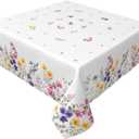 Floral Square Tablecloth 60x60 Inch, Spring Summer Wildflower Farmhouse Washable Polyester Table Cover for Indoor Kitchen Party Dinner Decor, White