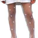 Yokawe Rhinestones Fishnet Pants Black Mesh See Through Leggings Sexy Cover Up Hollow Out Outfit Nightclub Rave Festival Body Chain for Women and Girls