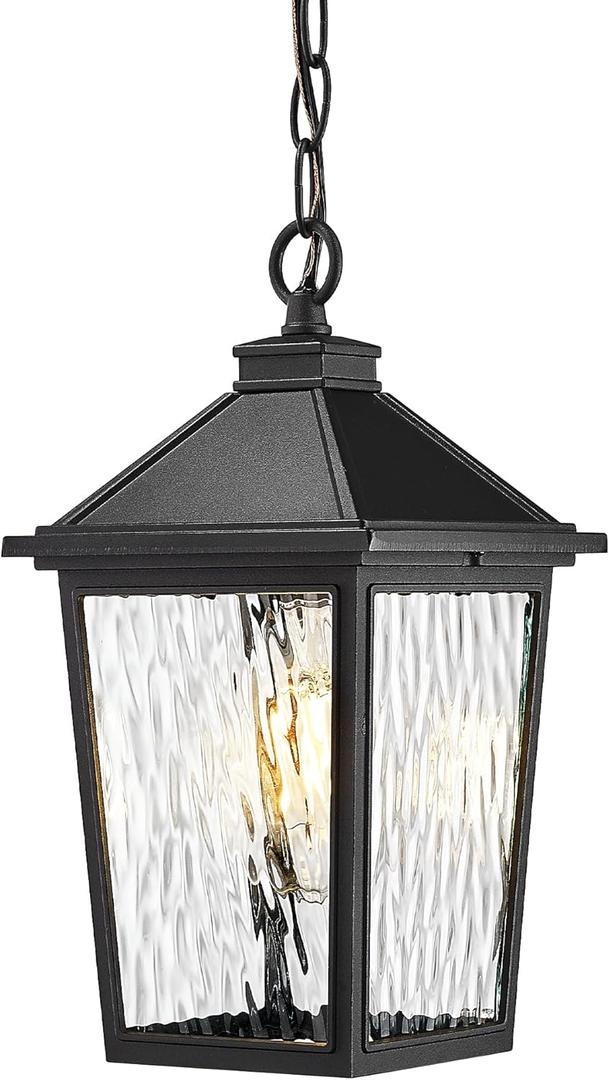 Outdoor Hanging Pendant Light, HWH 12 Inch Hanging Porch Light, Outdoor Pendant Light Fixture with Adjustable Chain, Die-Cast Aluminum with Water Ripple Glass