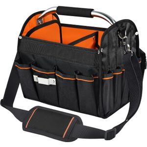 12 Inch Electrician Tool Tote Bag, 1680D Ballistic Polyester 34 Pockets Open Top Foldable Tool Bags with detachable divider, Tool Tote with Stainless Steel Handle & Padded Shoulder Strap (Black & Orange)