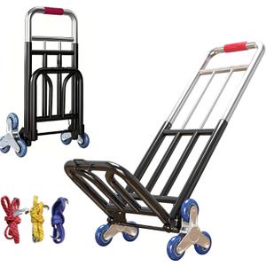 190-200LBS Folding Stair Climbing Hand Truck, 28mm 7-Beam Heavy Duty Dolly, Telescopic Portable Trolley with Crystal Tri-Wheels & 3 Binding Ropes for Shopping, Moving, Package Delivery