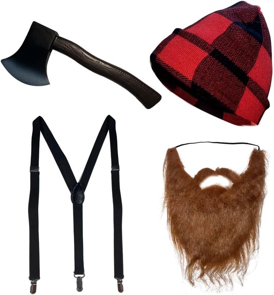 4 Pieces Lumberjack Costume Halloween Men Women Lumberjack Accessories Include Hat Beard Suspender Foam Axe for Halloween Costume Cosplay Party