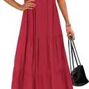 KIRUNDO Summer Maxi Dresses for Women 2026 | Spring Fashion Short Sleeve Tiered Flowy Dress, Button V Neck, Pleated, Loose Fitting, Nursing & Bump Friendly, With Pockets, Size: Small