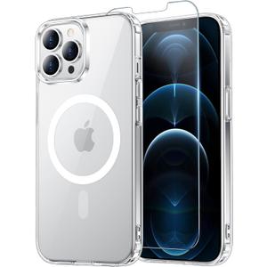 for iPhone 12& iPhone 12 Pro Case Clear with Screen Protector, Compatible with Magsafe, Anti-Yellowing, Military-Grade Protection, Shockproof Slim Magnetic Phone Case Cover, Transparent