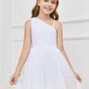 Batermoon Girls One Shoulder Dress Summer Party Graduation Semi Formal Short Dresses (White), 160