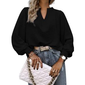 2 x Womens Tops Dressy Casual Long Sleeve Shirts Loose V Neck Business Work Tunic Blouses (Black, M)
