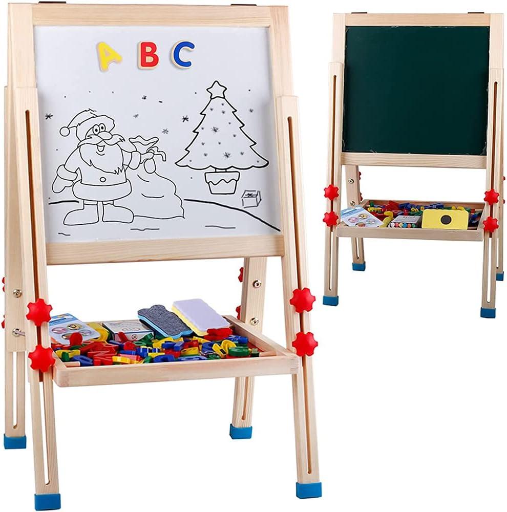 Wooden Art Easel for Kids (Double Sided) - Standing Magnetic Whiteboard Chalkboard Small Toddler Toys PM-048-K, 17.3 inches x 15.7 inches x 41 inches