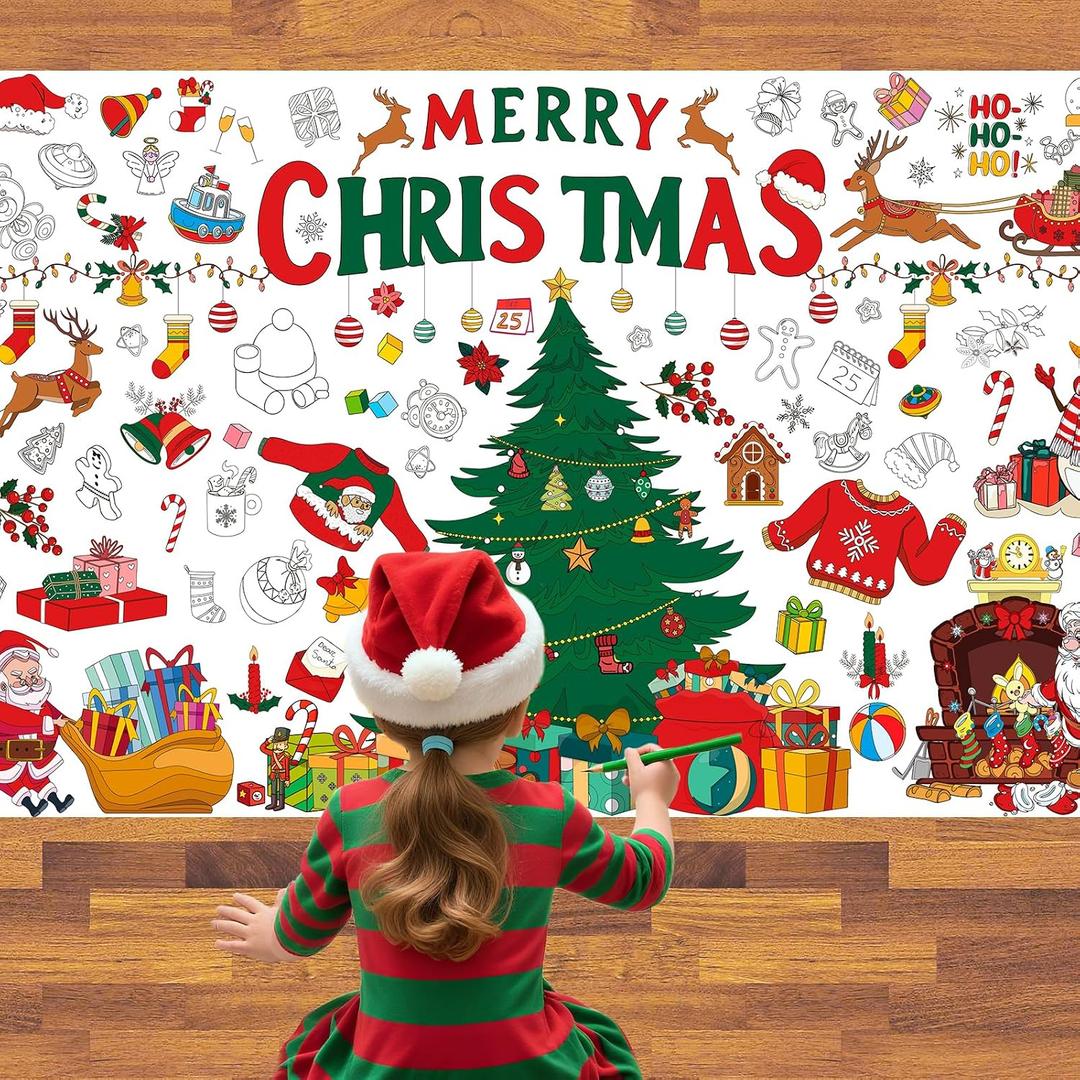 Giant Christmas Coloring Poster Tablecloth for Kids, 3072 Jumbo Holiday Coloring Banner, Xmas Crafts & Activities for Parties, Classrooms, Kids Gifts
