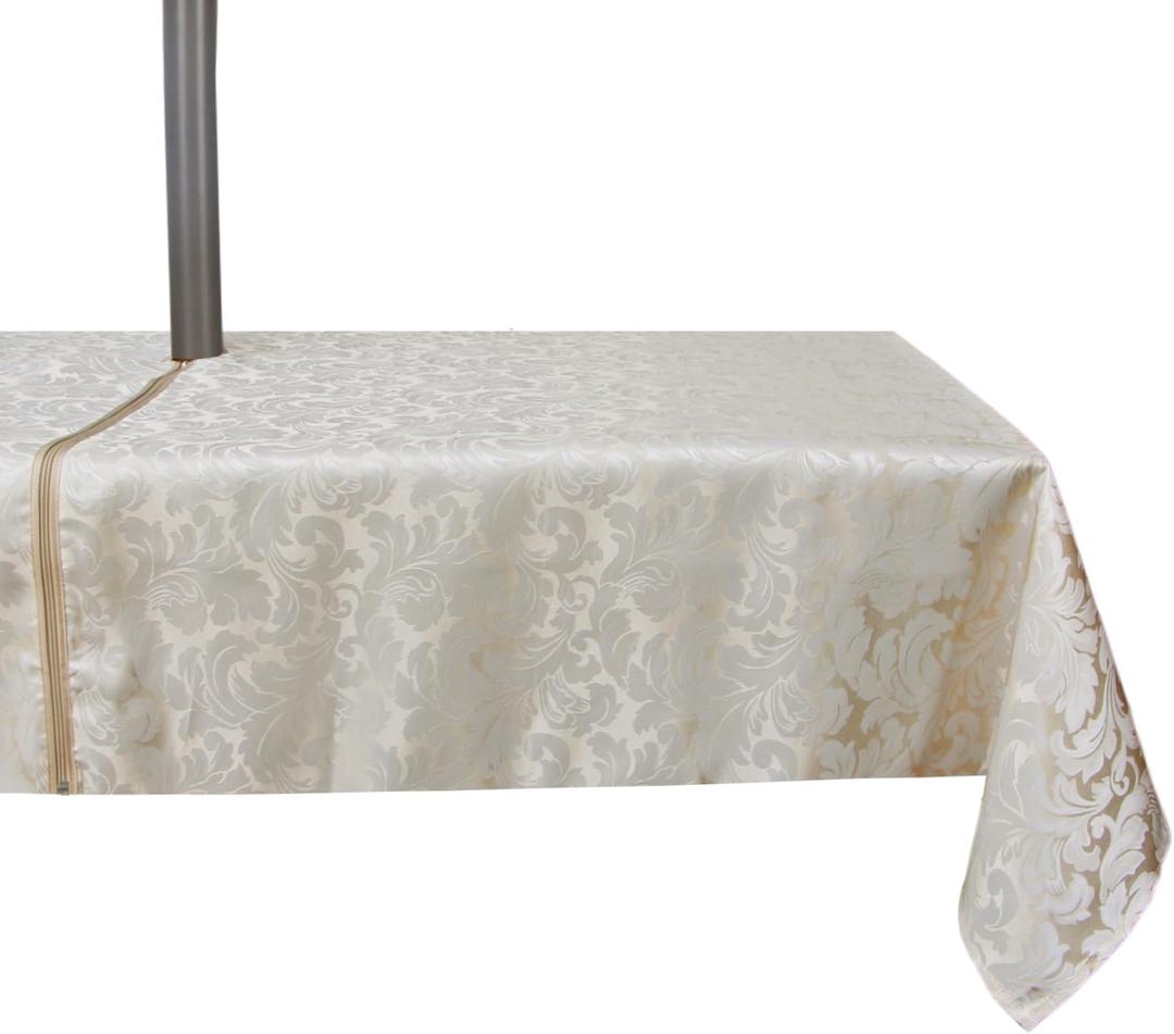 Damask Outdoor Tablecloth Water Resistant Polyester Fabric Table Cover with Zipper Umbrella Hole for Garden Patio Tabletop 60x84inch Rectangle,Beige