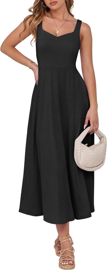 ANRABESS Women Summer Casual Dress Sleeveless Smocked Back Tank Midi Dresses 2025 Beach Vacation Sundress with Pockets Black Small