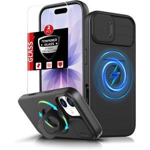 for iPhone 17 Case Magnetic Compatible with MagSafe Wireless Charging,with 2 Screen Protectors,Built-in Kickstand Ring,with Camera Cover Shock-Absorbent Shockproof Heavy Duty Protection Black
