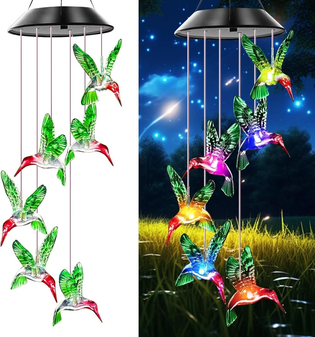 Hummingbird Solar Wind Chimes, Hummingbird Wind Chimes for Outside,Best Gifts for Mom Grandma Women Wife Aunt Sister, Unique Mobile Wind Chime, Garden Yard Decor Green