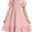blibean Tween Girls Summer Dress Big Kids Short Sleeve Ruffle Polka Dot Smocked Dresses Party Vestidos para Niñas Size 10-11 Light Pink