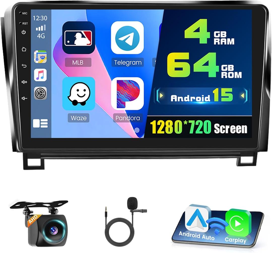 4+64G Android 15 Car Stereo for Toyota Tundra 2007-2013, 10.1 inch IPS 1280 * 720 Touch Screen Radio Wireless Apple Carplay Android Auto DSP 5G WiFi Bluetooth GPS FM RDS+Free AHD Backup Camera