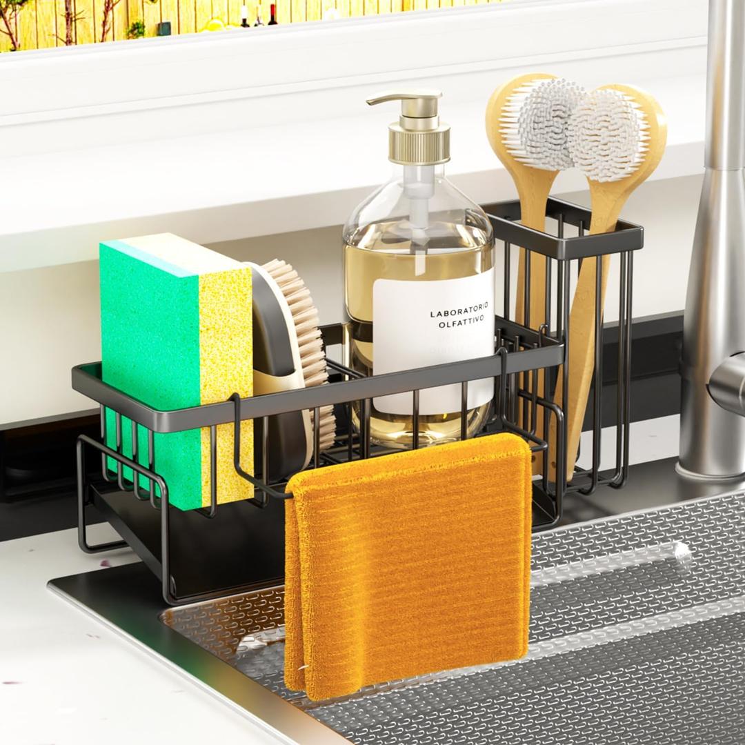 2 x Sponge Holder & Sink Caddy Organizer - Rustproof Kitchen Sink Organizer with High Brush Holder - Kitchen Essentials Countertop Storage Organization (Black)