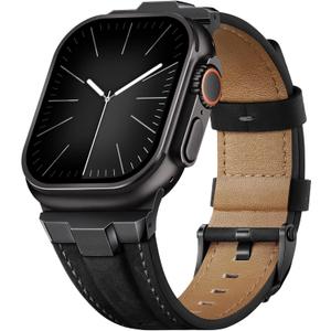 Suitisbest Leather Band Compatible for Apple Watch Ultra Band 49mm 46mm 45mm 44mm 42mm 41mm 40mm, Genuine Leather Replacement Strap for iWatch series 11 10 9 8 7 6 5 4 3 2 1, SE 3 2 1, Ultra 3 2 1 (Black/Retro Black)