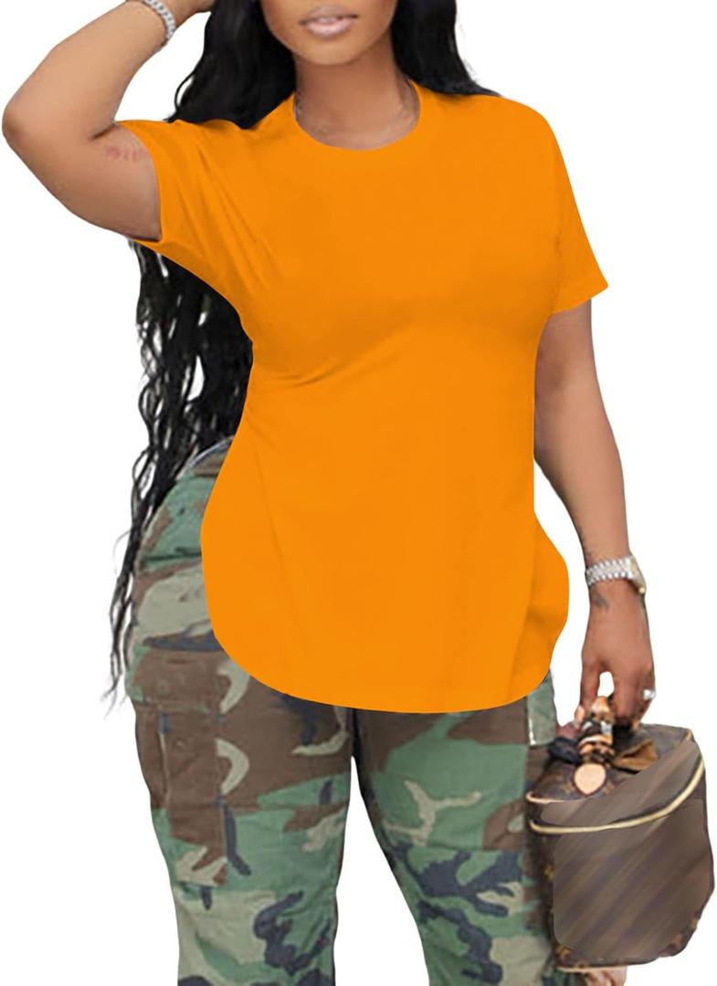 LovelyWholesale Womens Basic Tees Split Curved Hem Tops Short Sleeve Shirts Crew Neck T Shirts Orange, Small