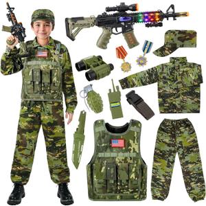 Metemot Kids Army Costume for Boys, Military Soldier Costume with Army Toys, Boys Halloween Costume with Camouflage Vest, Solider Boy Dress up Age 3-12