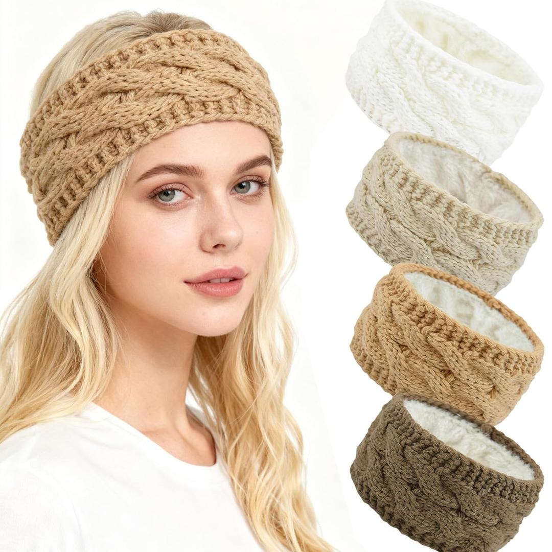 4 Pcs Winter Headbands for Women Non Slip, Ear Warmer Headband with Fleece Lining, Stretchy Knit Ear Muffs for Winter Women, Cold Weather Sports Accessories (White+Beige+Khaki+Camel, One Size)