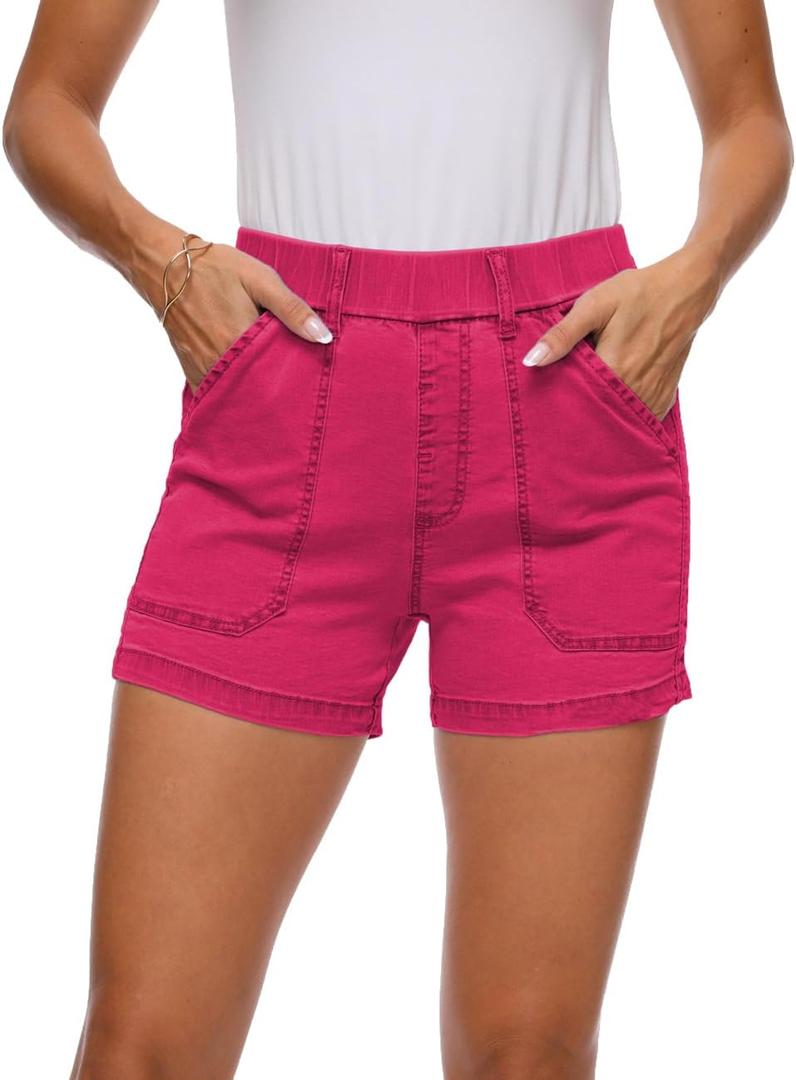 YOCUR Womens Lightweight Denim Shorts Casual Baggy Beach Outdoor Short Pants Elastic Waist High Waisted Pocket Workout Shorts (XX-Large, Red)