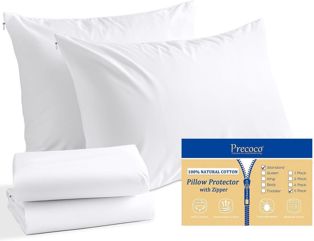 Cotton Pillow Cases Standard Size Set of 6, White Pillow Protectors with Hidden Zipper, Cooling Breathable Zippered Pillow Covers & Soft Pillowcase Covers, 20x26 Inches