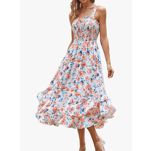 GRACE KARIN Women's 2025 Summer Floral Boho Dress Square Neck Strapped Swing A Line Sundress Beach Long Maxi Outfits Orange Floral L