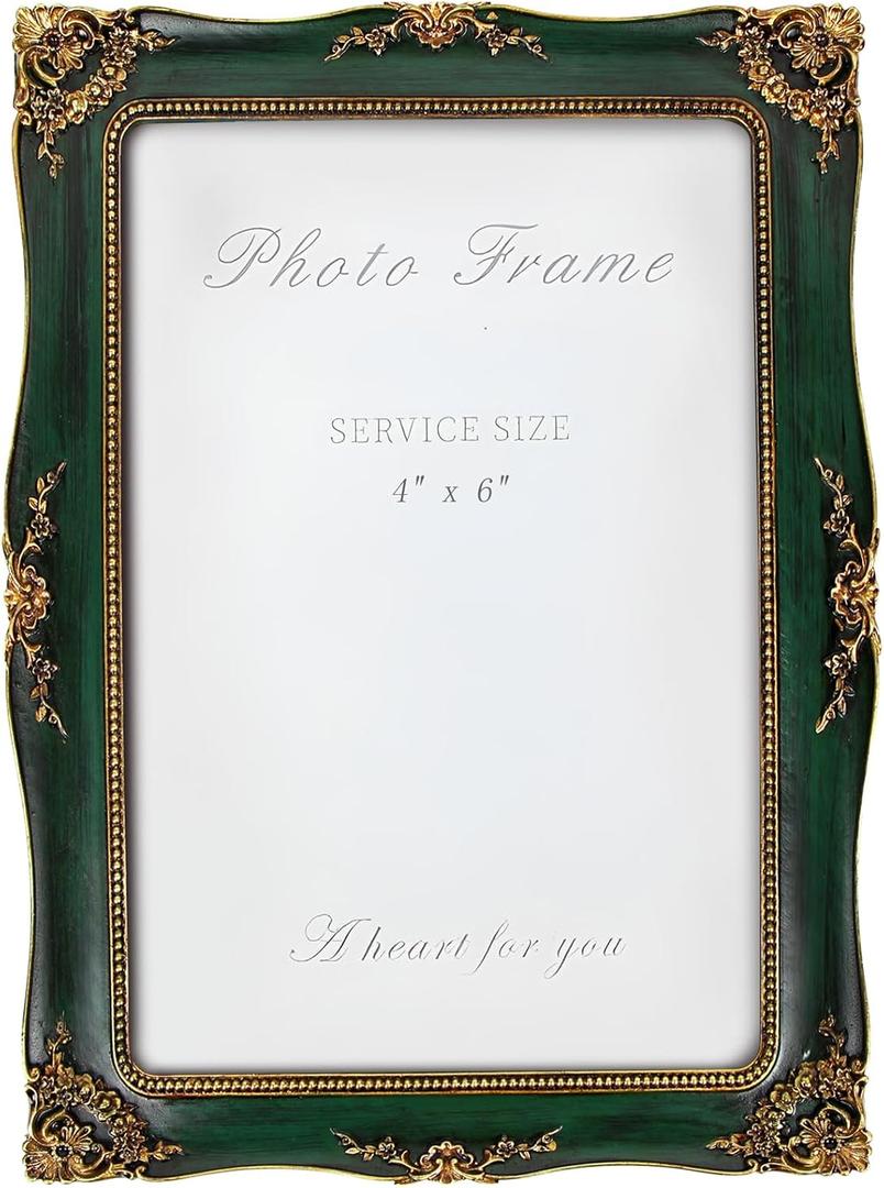 Vintage Picture Frame 4x6 Inch, Ornate Photo Frame for Wall or Tabletop Display, Antique Picture Frame with Real Glass & Hook for Home Decor - Mother's Day Birthday Gift (Green)
