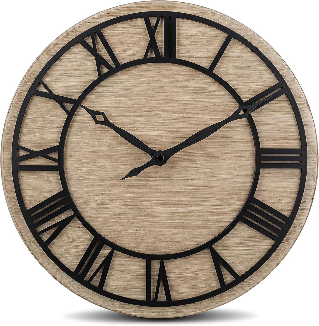 Bernhard Products Decorative Wall Clock 12 Inch Noiseless Farmhouse Rustic Metal Iron Frame 