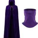 2 Pcs Witch Wizard Velvet Hooded Cape Unisex Robe Cloak with Neck Gaiter Face Mask for Cosplay Costumes Halloween (Purple, Large)