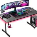 GTPLAYER 55 Inch Gaming Desk with LED Lights, Large Computer Desk with Mouse Pad for Home Office, T-Shaped Carbon Fibre Surface PC Game Workstations with Headphone Hook