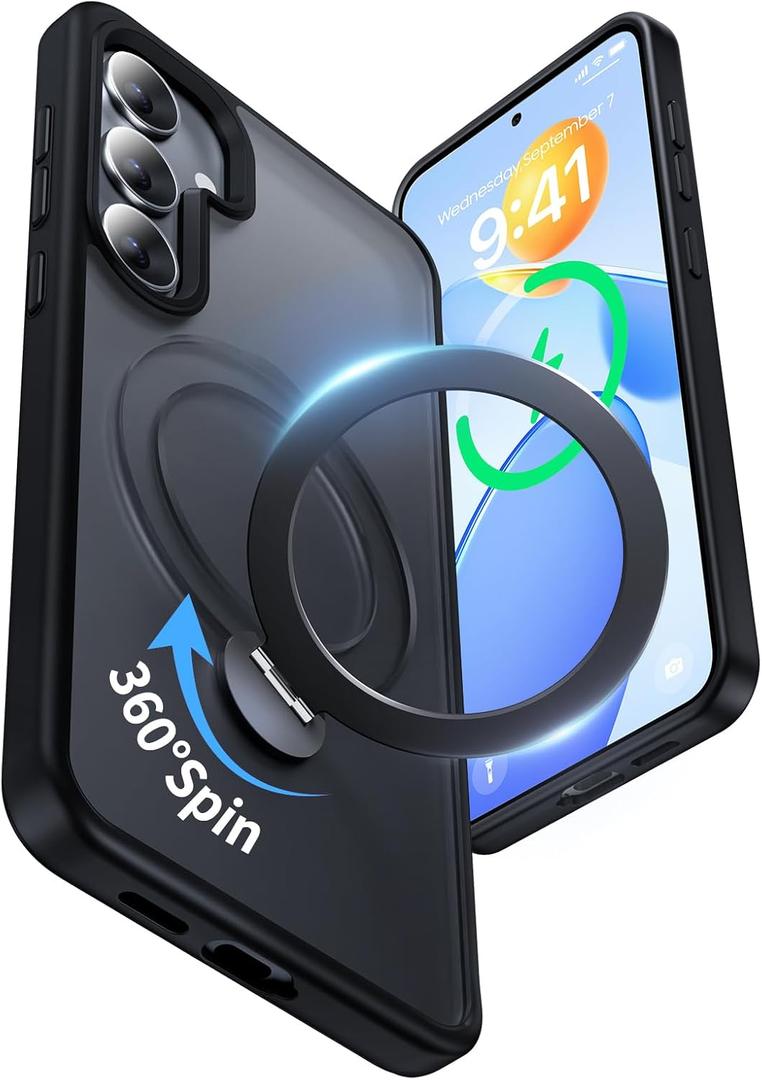 for Samsung Galaxy S25+ Plus Case,Compatible with Magsafe [Wireless Charging],with 360 Rotatable Magnetic Ring Stand Matte Translucent Slim Soft Edge Phone Kickstand,Black