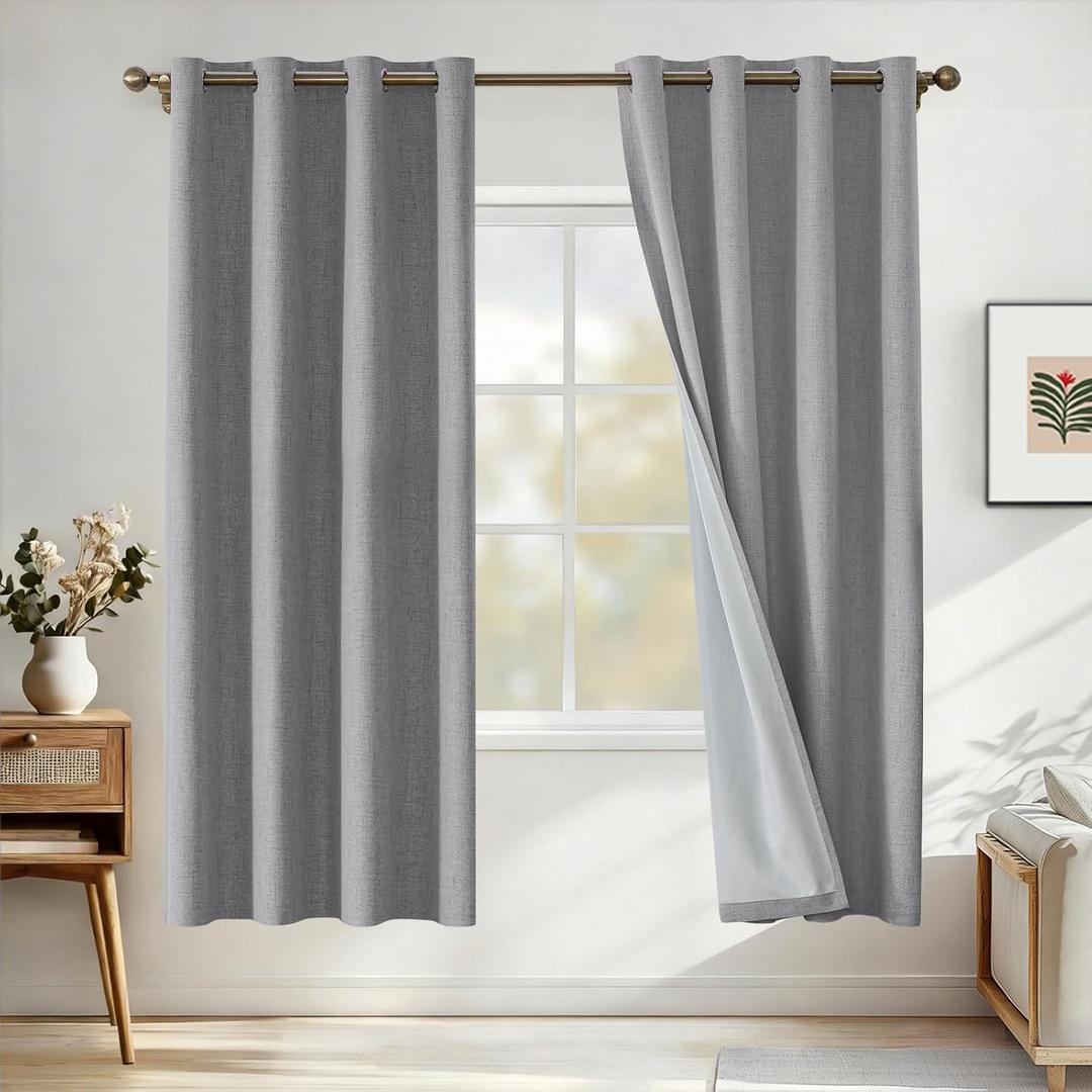 Faux Linen 100% Blackout Curtains for Bedroom, Blackout Curtains 72 Inches Long, White Lined Room Darkening Curtains, Curtain Grommets Drapes, Thermal Curtains (2 Panels, Light Grey)
