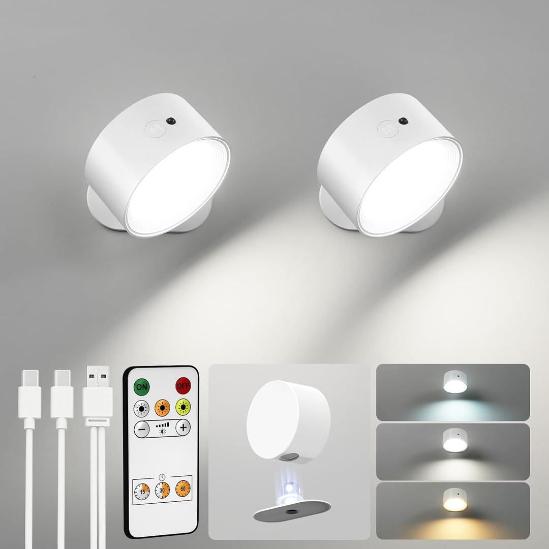 LED Wall Mounted Lights, Rechargeable Wall Sconces Lamp, 3 Color Temps & Remote and Touch, 360 Rotation Dimmable Cordless Wall Light for Study Bedroom Reading Bedside(White, 2 Pack)