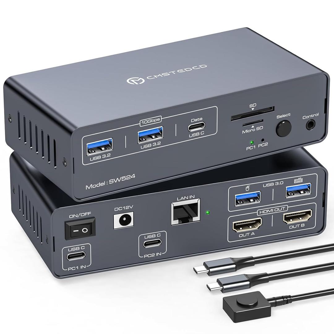 KVM Docking Station with USB C KVM Switch 2 Monitors 2 Laptops 4K60Hz HDMI EDID KVM Switches Dual Monitor for 2 Computers Share a 1G Ethernet 5 USB A/C Devices and SD/microSD Card Slots